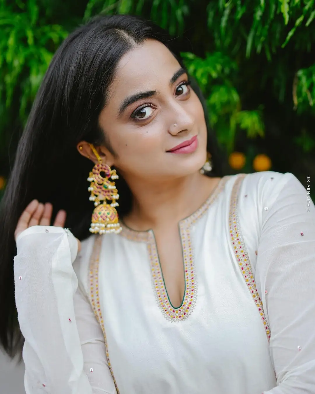 Namitha Pramod Wearing Beautiful Earring Jewellery White Dress